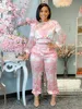 Women Fashion Two Piece Pant Sets Long Sleeve Crew Neck Print Top and Skinny Pants Flower Printing African Female Sexy Suits Set TK2
