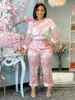 Kvinnor Fashion Two Piece Pant Set Sets långärmad Crew Neck Print Top och Skinny Pants Flower Printing African Female Sexy Suits Set Tk2