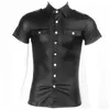 Men's T-Shirts Men Sexy Wetlook Latex Button Soft Faux PU Leather Shirt Tops Clubwear Fetish Punk Lingerie Bodysuit Shirts219z