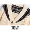 Kvinnor Fashion Oversized Jacquard Cable-Knit Sweater Vintage V Neck Långärmad Kvinna Pullovers Chic Toppar 210507