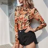 Hoher Nacken langhältiger Blumen -T -Shirts Frauen Frühling Sommermodie Streetwear Ladies Slim Fit Print Tees 210510