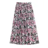 Summer Vintage Floral Print Pleated Women's Long Skirt Chiffon High Waist Loose Female Umbrella A-Line Skirts 210428