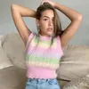 Mode kleurrijke regenboog trui vest roze o nek vest vintage kinte mouwloze vrouwelijke vest chique jumper top vrouwen kleding 210415