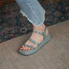 Meotina Thong Sandaler Skor Kvinnor Äkta Läder Sandaler Flat Platform Sandaler Square Toe Sheepskin Ladies Footwear Blue 210608