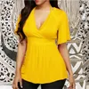 5XL Plus Size Women Solid T Shirt Short Sleeve Short Sexy V-neck Shirts Casual Tops Tight Waist Slim T-Shirts Casual Top 2019 X0628