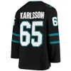 남성 하키 유니폼 48 Tomas Hertl 39 Logan Couture 65 Erik Karlsson 저지 스티치 셔츠 청록색 검은 색 S-XXXL