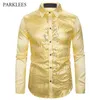 Luxury Fashion Silk Satin Shirts Men's Slim Fit Sequins Nightclub Show Long-Sleeve Shirt Shiny Men Chemise 210524