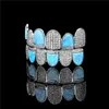 Moda chapado en oro Bling CZ azul ópalo dientes Grillz conjunto superior inferior parrillas boca Dental Hip Hop joyería de moda joyería de rapero