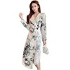 Women Party Autumn Dress Lady Korean Style Vintage Printed Chiffon Shirt Long Sleeve Lace Midi Summer es Vestido 210520