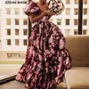 Bright Satin Wine red Flower Print Puff Sleeve Swing Dress Women Off Shoulder V neck Long Party Dresses Elegant Vestido 210429