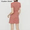Mini robe en tweed à col rabattu rouge pour femmes, manches courtes, simple boutonnage, mode fête chic dames 210603