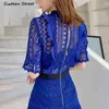 Dark Blue Lace Dress Woman High Waisted Short-sleeve Bodycon Dress Female Round Neck Hollow Out Runway Long Party Dresses Y1204