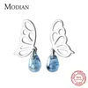 Elegant Luxury Butterfly Swing Blue Drop Water Crystal Stud Earrings For Women Sterling Silver 925 Fine Jewelry 210707