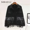 Black Casual Patchwork Jacket For Women Lapel Long Sleeve Sequin Tassel One Size Jackets Female Fashion Clothes 210524