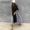 Летние свободные длинные полосатые платья женские лоскутные качели повседневные миди Корея мода халат Femme 210427