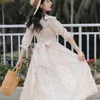 Yosimi Summer Vintage Beige Chiffon och Mesh Long Women Dress Half Sleeve Mid-Calf Fairy Evening Party 210604