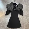 FAOP Primavera Chegadas Long Spruff Sleeve Ruffles Collar Botões Alto Cintura Preto Curto Dress Curto GB120 210709