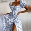 Nibber Y2K Francês Romance Retro Baixo Corte Vestidos Mulheres Floral Impressão Lace Up Slow Sleeve Side Slit Midi Dress Férias Beachwear Y0823