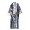 Bohemian V neck Peacock Flower Print Long Kimono Shirt Ethnic Lacing up Sashes Cardigan Loose Blouse Tops femme 210429