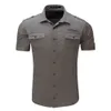 Men's Shirt Short Sleeve Cargo Shirt Fashion Casual Summer Uniform Military Style Cotton Solid Male Casual Shirt Khaki Grey 210518