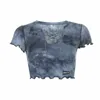 Tie Dye Chain T-shirt Women Summer Fashion Wood Ears Letter Top Slim Short Sleeve Gray Purple Blue Shirt Female LR1185 210531