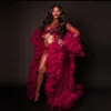 Abiti da ballo africani bordeaux per le donne incinte Fluffy Ruffles Robe Abiti lunghi da festa per la fotografia Camicie da notte sexy di maternità