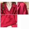 Damskie Bluzki Koszule Notched Szyfonowa Czerwona Bluzka Kobiety 2021 Formalny Z Długim Rękawem Przycisk Damska Koszula Jesienne Topy Kobiety Odzież Kieszeń