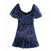 Blue Sequin Mini Dress Women Vintage Sparkly Glitter Short Puff Sleeve Party es Ladies Evening Sexy 210519