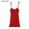 French Summer Plain Red Black Front Ruched Bandage Spaghetti Strap Mini Dress Retro Sexy Ladies Lacing Up Sling Ruffles Dresses 210429