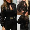 Frauen Gaze Mesh Net Bluse Sheer Langarm Damen Schwarz Vorne Hohl Gestreift Casual Solide Mode Herbst Frühling Frauen blusen Shirts