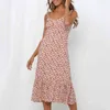 Sexy V Pescoço Lace Up Vestido Floral Mulheres Vinatge Botão Maxi Long Elegant Boho Flor Impressão Chiffon Vermelho Sundress 210427