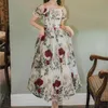 Letnia Haft Party Dress Kobiety Kwadratowy Kołnierz Puflowy Rękaw Róża Kwiat Haftowany Slim Talii Vintage Mesh Princess Dresses 210514