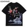 Harajuku T-Shirts Embroidery Cherry Blossoms Tower Mountain Print Tshirts Hip Hop Summer Streetwear Short Sleeve Tops 210602