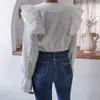Biała Wzburzyć Bluzka Topy Kobiety Ubrania Eleganckie Ladies V Neck Koszule Biurowe Wiosna Jesień 210427