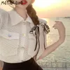 Матакава Корейский мода белая женская рубашка лето отворота женщина блузки с коротким рукавом стройные блусы урожая топ Camisas mujer 210513