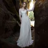 A-Line Chiffon Long Sleeve Wedding Dresses 2021 Boat Neck Lace Appliques Vintage Bridal Gown With Button Back Sweep Train