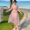 Sommar Runway Fashion Dress Sexy V Neck Kortärmad Polka Dot Mesh Long Party 210531