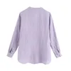 Femmes Mode Violet Poches Lin Blouses Vintage Femme À Manches Longues Boutons Chemises Casual Chic Tops 210520