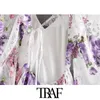 Trafe Women Chic Fashion Floral Print Ruffled Lace Mini Dress Vintage V Neck Backless Zipper Kvinna Klänningar Vestidos 210415