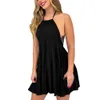 Sexy Women Summer Sleeveless Backless A-Line Dress Casual Halter Lace Up Slim Elastic Waist Pullover Black Mini Ladies 210526