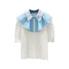 Летний корейский стиль панелей Peter Pan Woll Wolke кружева пэчворк слойных рукав короткая рубашка женщин блузки 210615