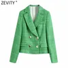 Zevity Frauen England Stil Zweireiher Grün Tweed Woll Blazer Mantel Vintage Weibliche Lange Hülse Chic Anzüge Tops CT695 211019