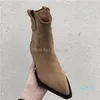 Boots High Quality Suede Brown Pointed Toe Short Booties Woman Stacked Cuban Heel Vintage Shoes Slip On Western Cowboy For Women 6652