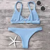 Bikinis Women New High Cut Bikini Set Low Waisted Bralette Scoop Neck Solid Color Swimsuit Bathing Suits 210319