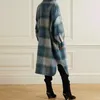 Manteau en laine mélangée pour femmes Femme Classique Long 2022 Bleu d'hiver Simple boutonnage à carreaux Grand profil Brossé Poche Feutre 88 Phyl22