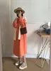 Frühling Herbst Orange Casual Kleid Hemd Koreanische Kleidung Lose Feste Farbe Langarm Schal Spleißen Vintage Maxi 210514