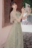 YOSIMI Grün Floral Stickerei Kleid Weibliche Sommer Kurzarm Quadrat Kragen Mitte Der Wade Fit und Flare Mesh Lange Frauen 210604