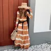 Kadın Elbise V Yaka Uzun Kollu Çizgili Plaj Artı Boyutu Gevşek Günlük Yaz Es Moda 210513