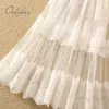 Summer High Women Long Vintage Elastic Waist White Lace Maxi Tulle Skirt 210415