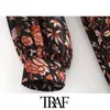 TRAF Women Chic Fashion Floral Print Pleated Midi Dress Vintage Puff Sleeve With Lining Female Dresses Vestidos Mujer 210415